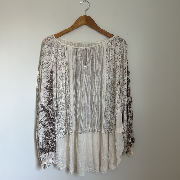 Free People Indigo Dreams Tunic - Cream and Tan Crochet Embroidered Medium M - Picture 5 of 9